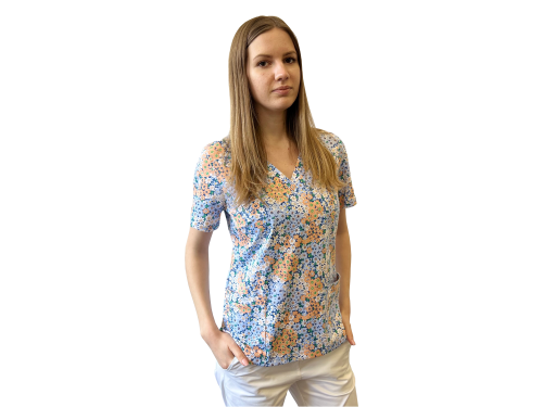 Kolorowa bluza medyczna - wzór rabatka-stokrotki, dekolt w serek