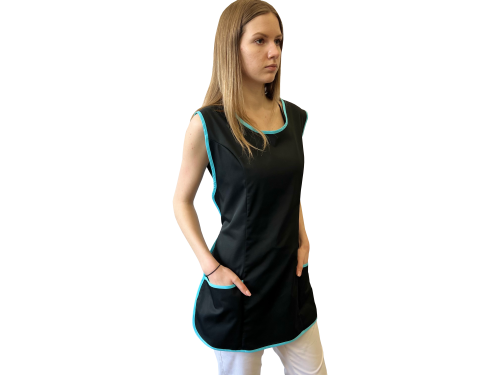 Fartuch ochronny damski rozmiar uniwersalny roboczy czarny z turkusową kontrastową lamówką 