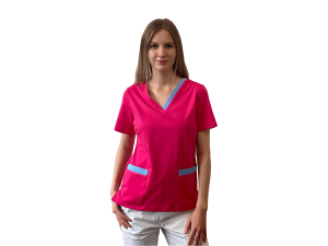 Dzianinowa bluza medyczna - różowa z niebieskimi wstawkami