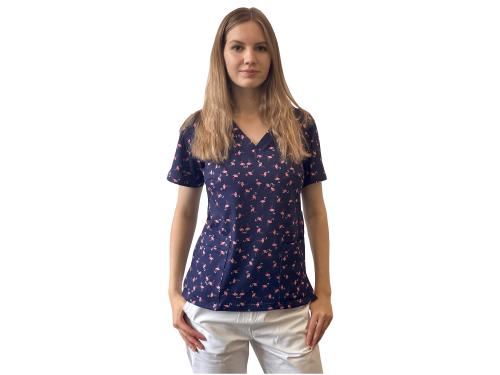 Kolorowa bluza medyczna - wzór flamingi na granatowym tle, dekolt w serek