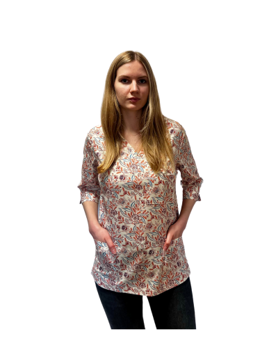 Bluza medyczna damska jasna w kwiaty bawełna rękaw 3/4