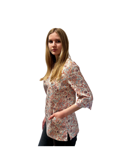 Bluza medyczna damska jasna w kwiaty bawełna rękaw 3/4