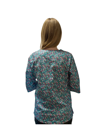 Bluza medyczna damska  kolorowa morska w drobne kwiaty bawełna rękaw 3/4