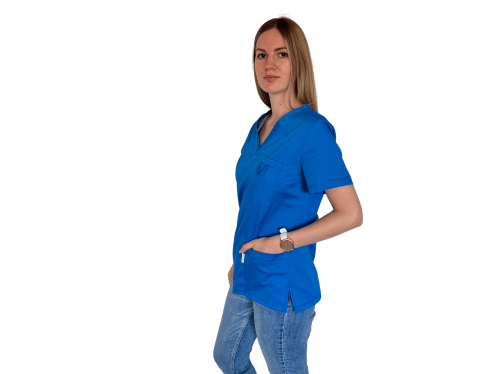 Bluza medyczna damska niebieska elastyczna rękaw krótki