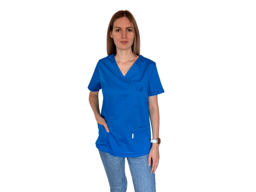 Bluza medyczna damska niebieska elastyczna rękaw krótki