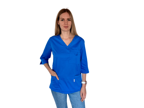 Bluza medyczna damska niebieska elastyczna z rękawem 3/4 