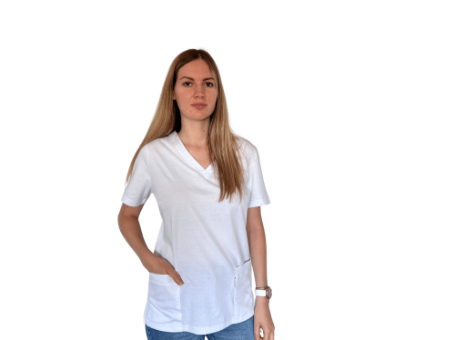 Bluza medyczna damska biała dzianinowa bawełna elastyczna z krótkim rękawem