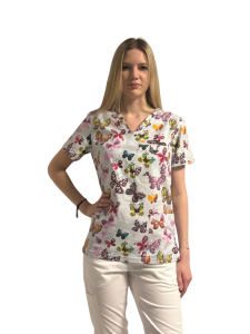 Kolorowa bluza medyczna - szara w kolorowe motyle