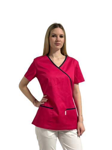 Bluza medyczna - kosmetyczna różowa z granatową lamówką