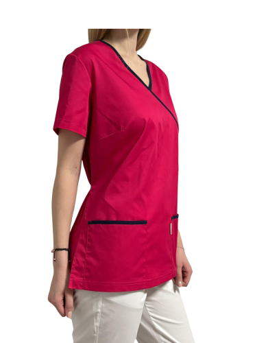 Bluza medyczna - kosmetyczna różowa z granatową lamówką