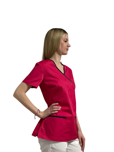 Bluza medyczna - kosmetyczna różowa z granatową lamówką