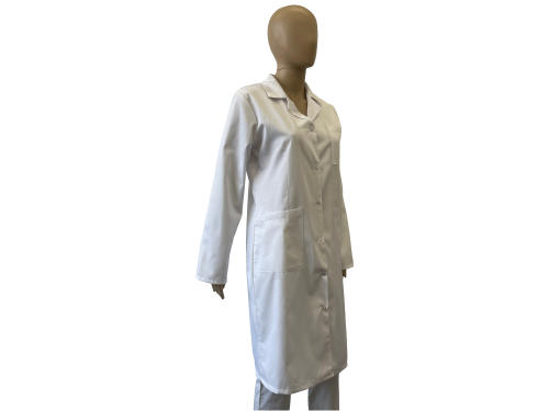 Fartuch damski medyczny - laboratoryjny z kołnierzem, długi rękaw - biały