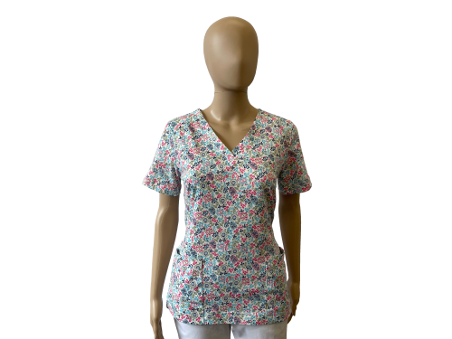 Kolorowa bluza medyczna - Wzór folk na jasnym tle dekolt serek