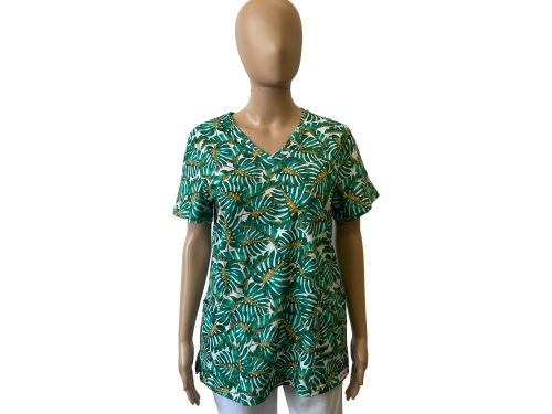 Kolorowa bluza medyczna - zielono - złote monstery na białym tle