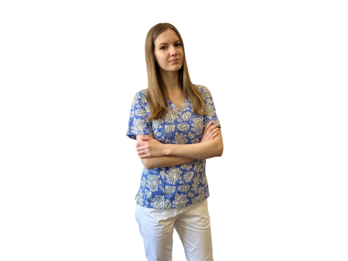 Kolorowa bluza medyczna - arabeska niebieska, dekolt w serek 